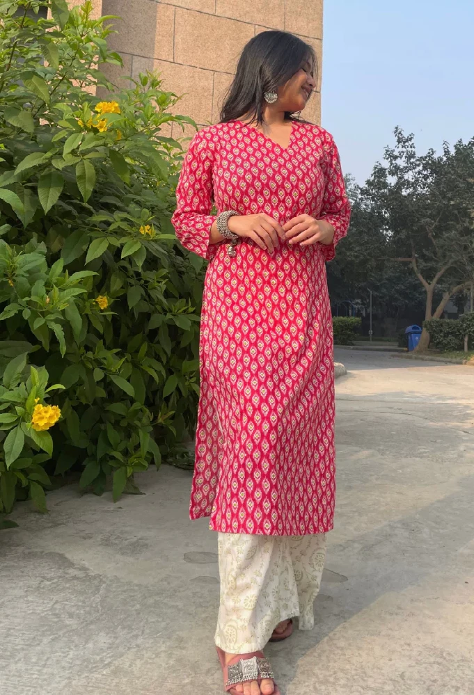 Rose Pink Sanagneri Print Kurti Palazzo Set-5.webp